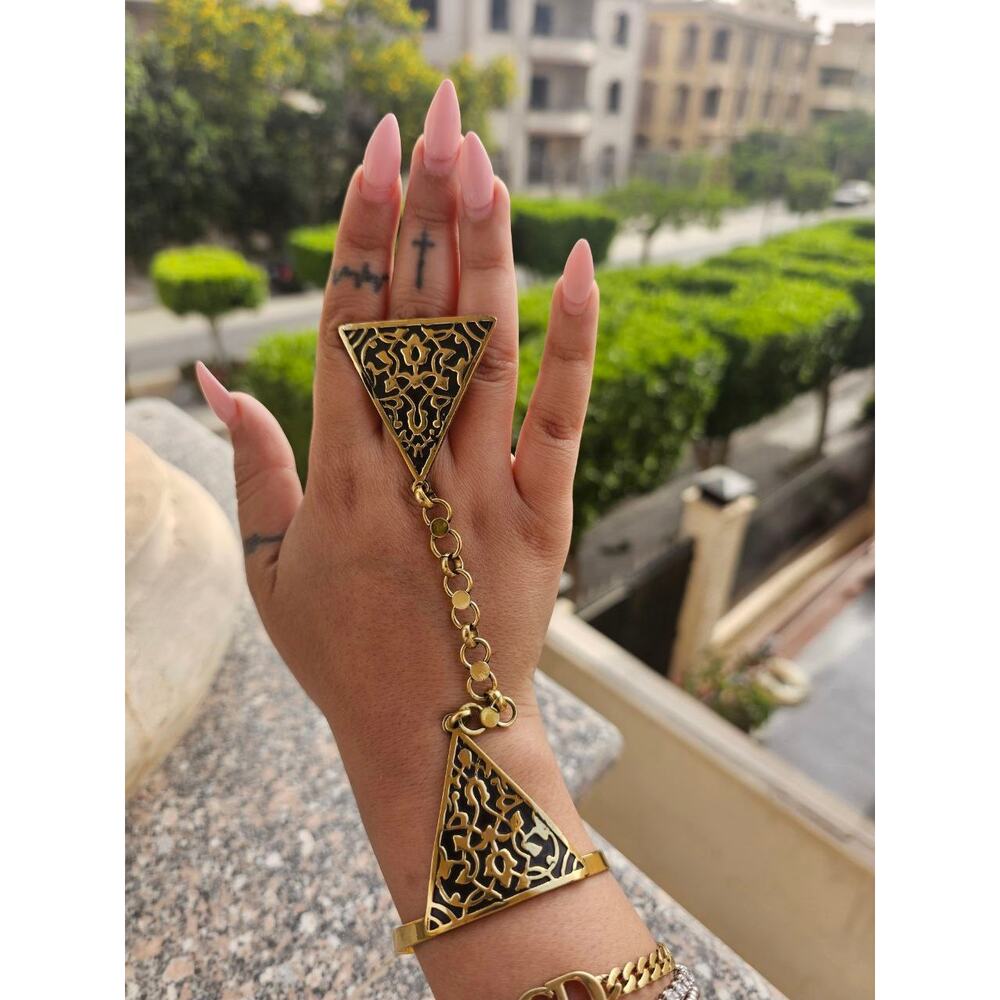 Arabic Architecture Hand Chain – Handmade Brass Ring & Bracelet Set from Egypt